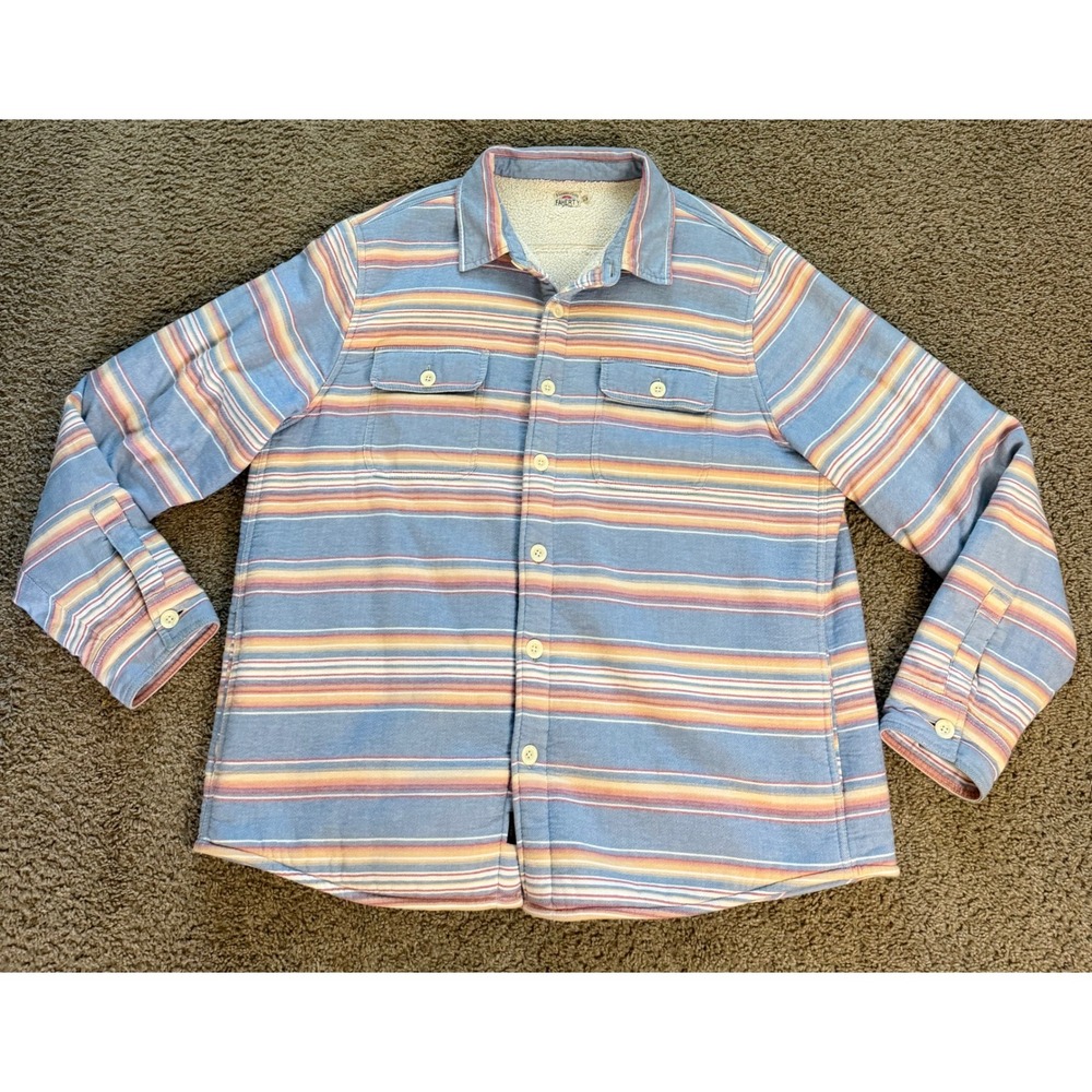 Faherty Brand Mens XL Sherpa Lined Sunset Stripe Shirt Jacket Blue Orange Cotton